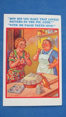 Vintage Comic Postkarte 1933 Zahnarzt Kieferorthopäde falsche Zähne Tortenmustermacher
