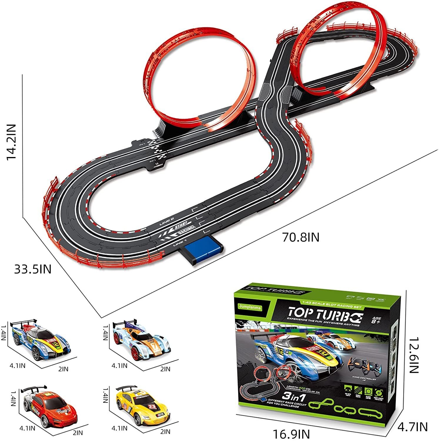 Growsly Electric Cars Race Track Set with 4 High-Speed Slot Cars Dual Racing  Game Lap Counter Circular Overpass Track for 4-12 Years Old Kids 