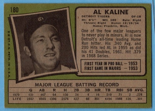 1971 Topps #180 Al Kaline VG-VGEX CREASE Detroit Tigers Hall of Fame A7931 - Picture 2 of 2