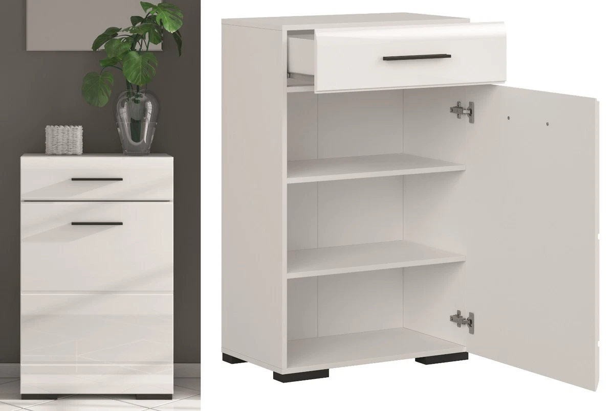 Compact Hallway Cabinet 1 Door Shelves Drawer Unit White Gloss