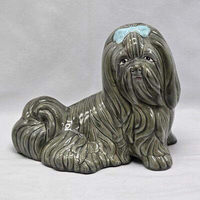 Vtg Ceramic Gray Shih Tzu Dog with Blue Bow Hand Painted Slip