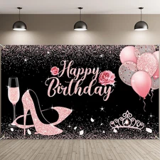 Happy Birthday Banner Decorations Black Pink Birthday Backdrop Background 6 X 3.