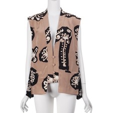 DIANE VON FURSTENBERG Vintage Vest Top S Brown Print Silk Sleeveless V-Neck