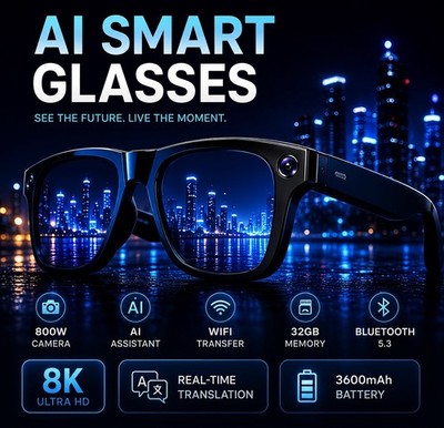 AI Smart Glasses Kamera Bluetooth 5.3 WLAN Übersetzer 32GB Ladecase Neu OVP