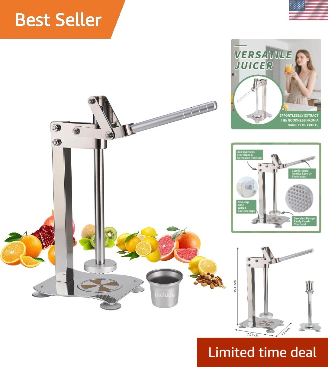 Mirror-Satin Citrus Press Squeezer - Ergonomic Manual Juicer for Nuts and Fruits