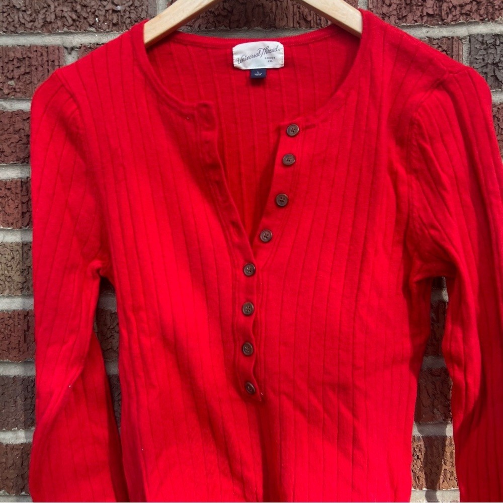 Universal Thread Red Ribbed Button Down Long Slee… - image 3