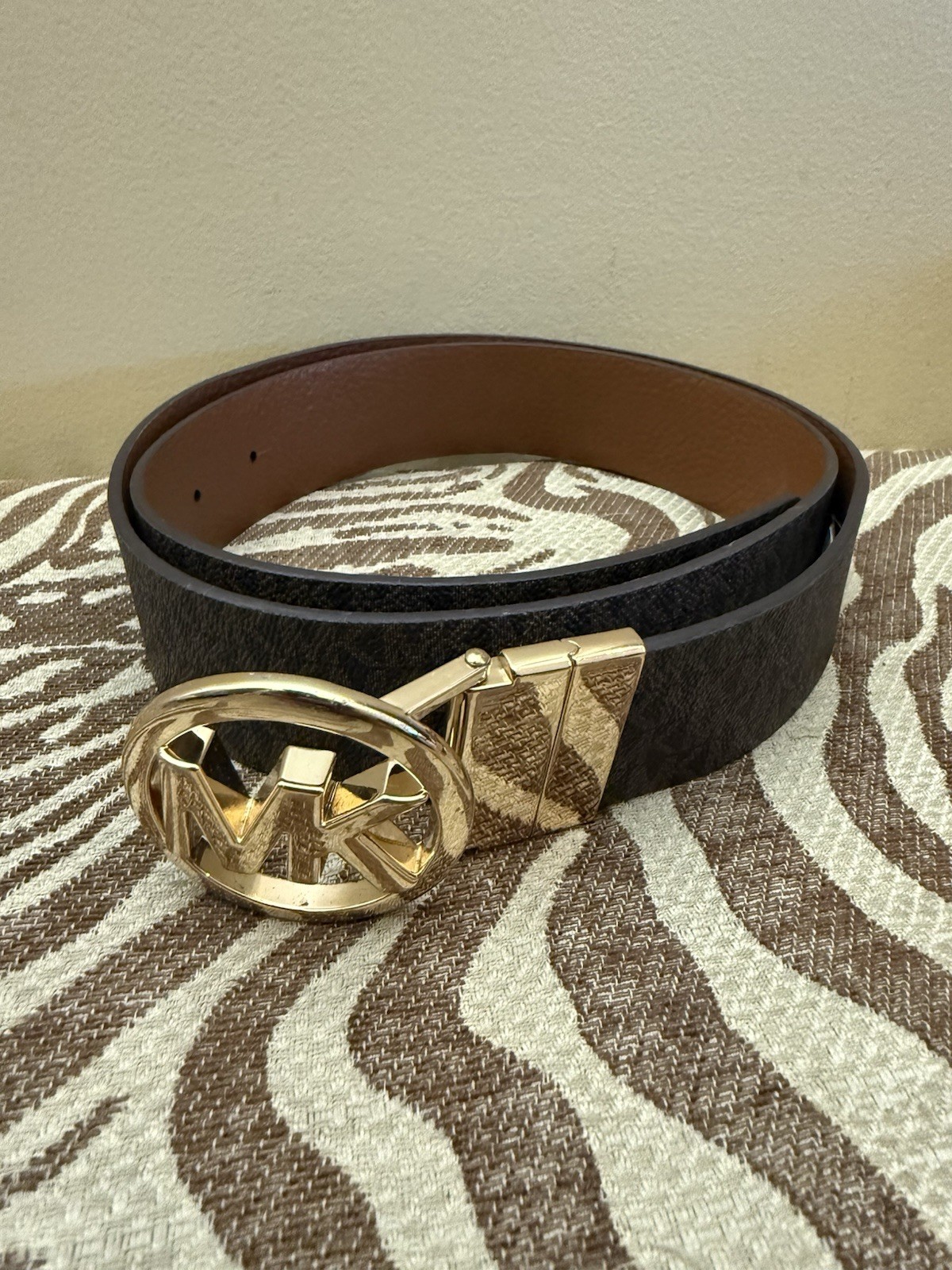 MICHAEL KORS Women's Twist Reversible BROWN/LUGGAGE MK Logo Belt Round Buckle L