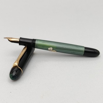 PELIKAN 140 GREEN STRIPED PISTON FOUNTAIN PEN 14K EF NIB VTG 50s