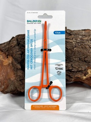 Balzer Hakenlösezange gebogen Edelstahl 13cm & 17cm Orange Arterienklemme Zange