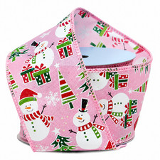 Pink Christmas Snowman Wired Ribbon - 2 1/2" x 10 Yards, Holiday, Wreath, Winter