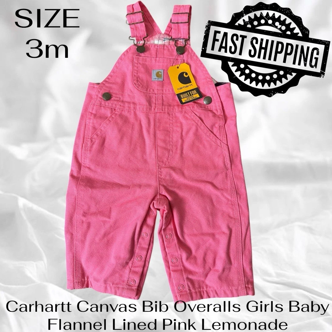 Carhartt Canvas Bib Overalls Girls Baby 3M 3 Months Flannel Lined Pink Lemonade