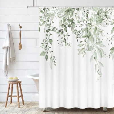 Lime Light Green Eucalyptus Shower Curtain Sets Watercolor Leaves on The Top ...