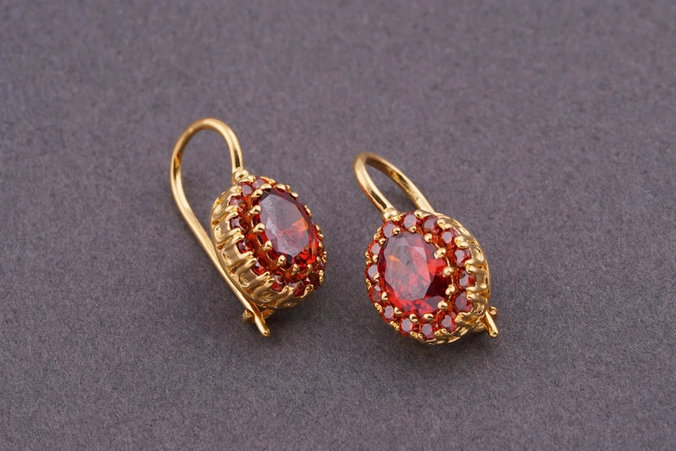 2Ct Oval Cut Lab Created Red Garnet Drop Dangle Earrings 14k Yellow Gold Plated - Image 3 of 4