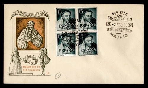 DR WHO 1953 SPAIN FDC TIRSO DE MOLINA CACHET BLOCK M68132