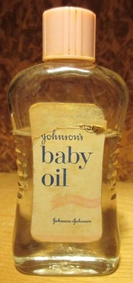 Vintage 1960 Johnson s Baby Oil 2 oz.  J&J  60 , Glass Bottle, Pink Cap, ¾ Full