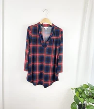 Charter Club Red Tartan Plaid 3/4 Sleeve Popover Blouse Women’s Large Xmas 