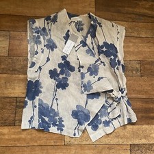 New Joyce Ridings Size 8 Blue Cream Linen Floral Sleeveless Wrap Top Shirt Women