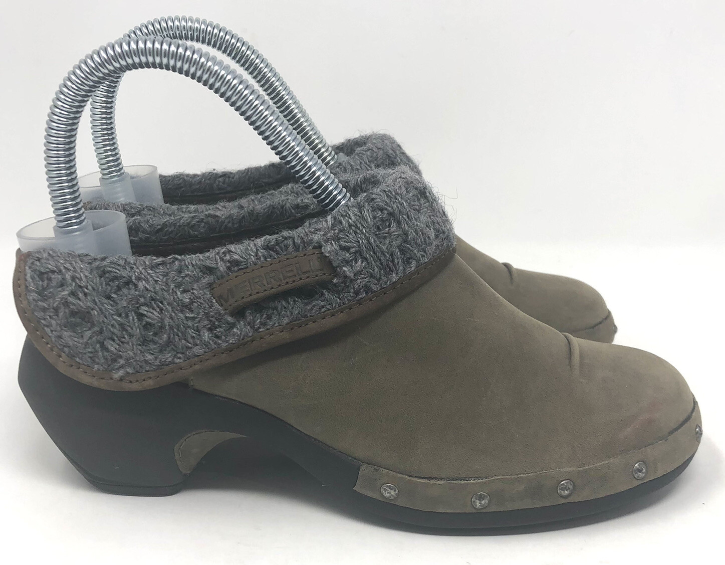Zoccoli donna Merrell taglia 6 Luxe maglia drizzle pelle tortora slip on usati in ottime condizioni tacco