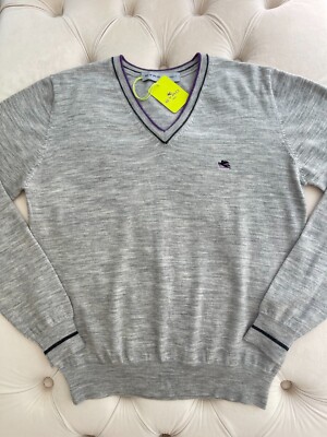 New ETRO Milano Pullover Wool Knit Logo V Neck Light Gray Sweater Men's XXL size