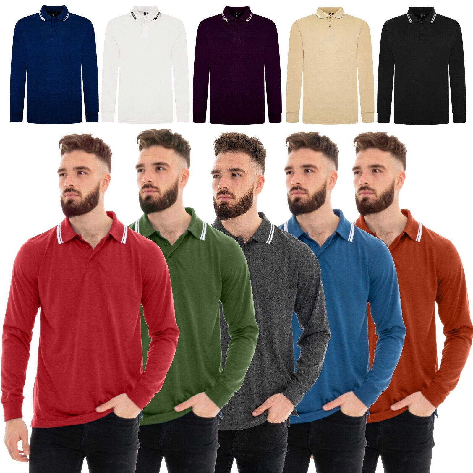 Mens Polo Long Sleeve Pique T-Shirt Tipping Collar Pocket Smart Casual Shirt  Top | Ebay