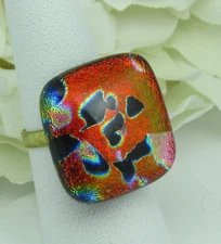 Fused glass cocktail ring, dichroic red, black, adjustable, r217 MWeil
