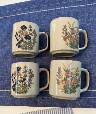 Vintage Flowers Speckled Stoneware Coffee Tea Cups  4pc  Retro Grandma Chic