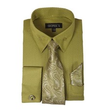 Men's fashion Dress Shirt Olive With Tie Hanky French Cuff Links Style AH619