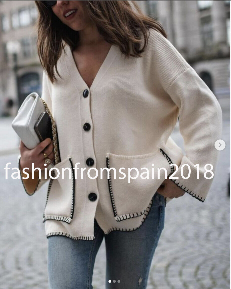 ZARA NEW WOMAN KNIT CARDIGAN WITH CONTRAST TOPSTITCHING ECRU ZARA NEW WOMAN KNIT CARDIGAN WITH CONTRAST TOPSTITCHING ECRU