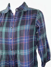 GAP Sz SMALL Pintucked Flannel Shirt Top Green Blue Plaid Cotton 3/4 Sleeves EUC