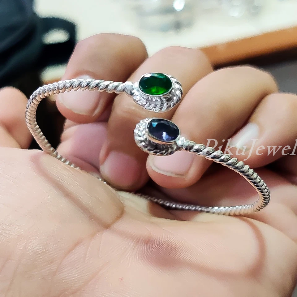 Brazalete brazalete de plata de ley 925 con piedras preciosas de corte ovalado de diopsido y amatista/p-402 Foto 3 de 4