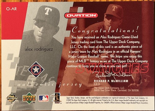 2002 Upper Deck Ovation Swatches Alex Rodriquez #O-AR Texas Rangers - Picture 2 of 2
