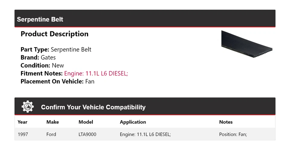 For 1997 Ford LTA9000 11.1L L6 DIESEL Serpentine Belt For Fan Gates - Image 2 of 4