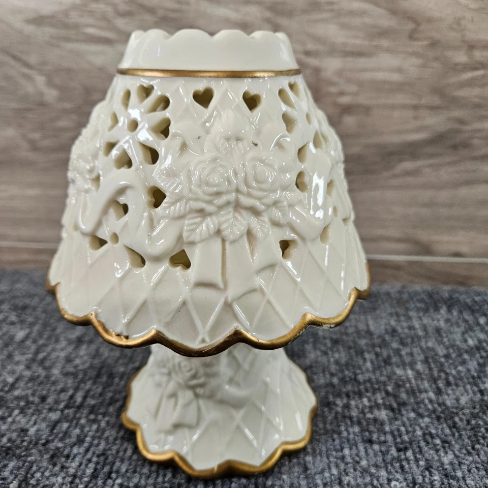 Abajur de fada de porcelana corte perfurado diamante suporte de vela floral acabamento dourado sombra - Imagem 3 de 4