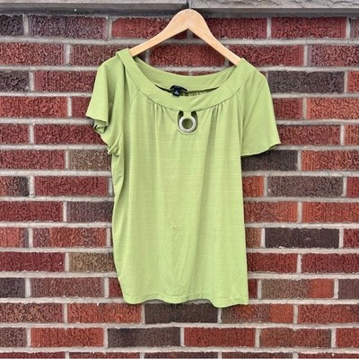AGB Bright Green Silver Ring Front Short Sleeve Blouse Top