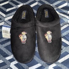 Polo Ralph Lauren Black Fleece Lined Slippers Embroidered Bear Logo Size 9 NWT