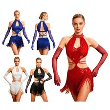 Women Latin Dance Dress Performance Gloves One Pair Cutout Back Sleeveless Tango