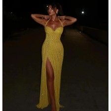 Halter Neck Prom Dress Side Slits Floor-Length Glitter Mermaid Formal Dress