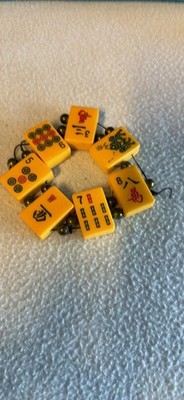 Vintage Yellow bakelite Charm Bracelet, Mahjong- tiles &beads