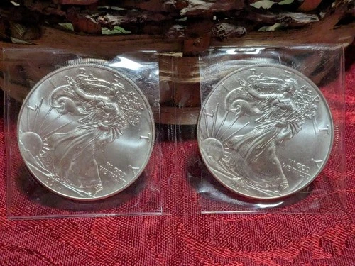 Lot 2x 2014 Silver American Eagle $1 Coins, Ungraded Bullion, Nice Patina!