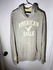 American Eagle Men's Gray Logo Pullover Hoodie XL Fleece Cotton Blend Pockets