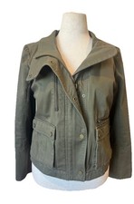 Veronica Beard Olive Utility Jacket Moto Zip Pockets Cotton Size L