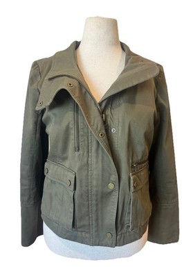 Veronica Beard Olive Green Utility Jacket Moto Zip Pockets Cotton Size Large