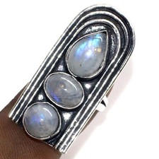 925 Silver Plated Most Beautiful Rainbow Moonstone Ring Gemstone US 5.5 GW