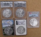 LOT OF 5 MS70, AMERICAN SILVER EAGLES .999 FINE, 1 OZ EACH, TOTAL 5 OZ, DIFF YRS