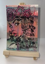 ACEO Original Art Handmade Mix Media Floral Crown Portraits #41 3/4 by Tehillah 