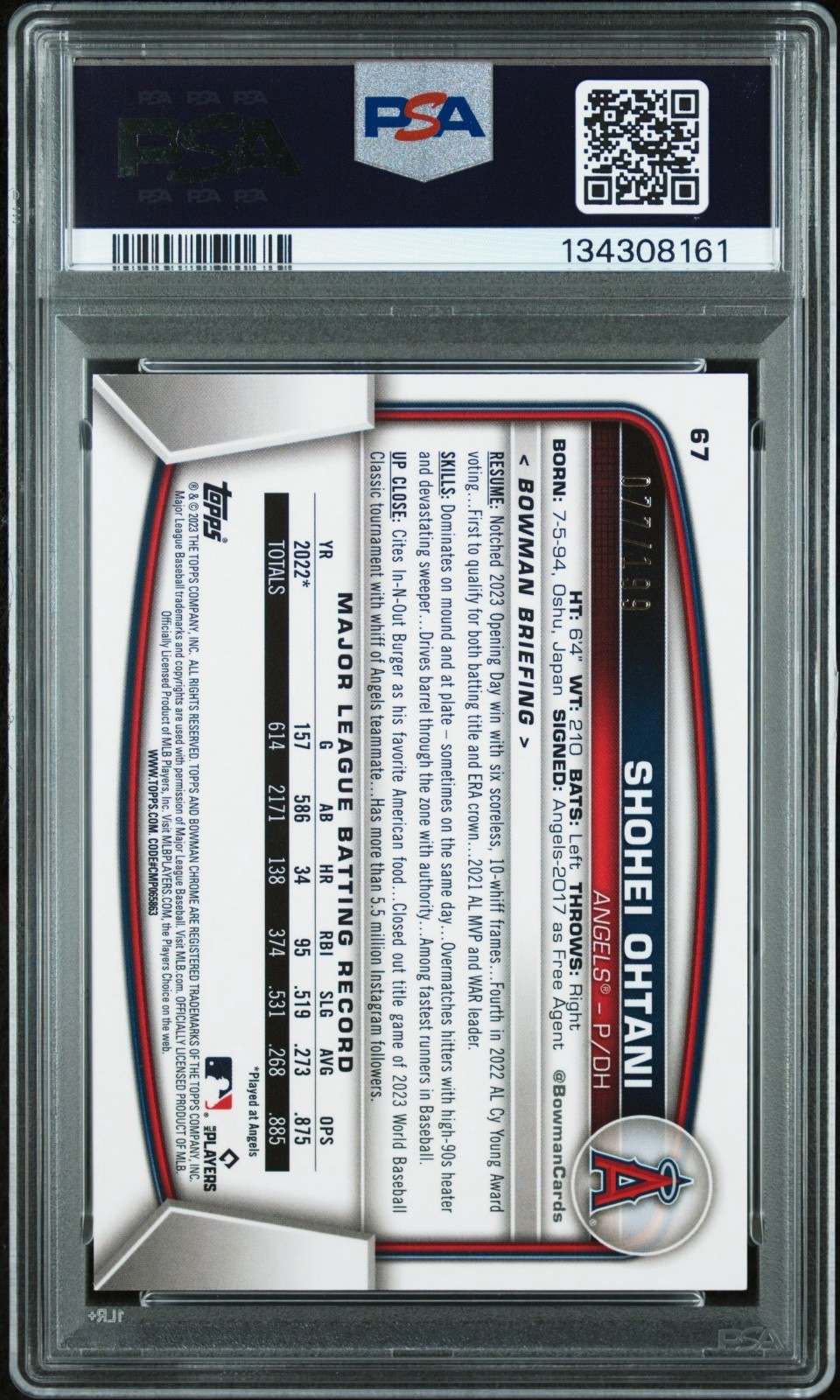 Shohei Ohtani AQUA RAYWAVE REFRACTOR /199 BOWMAN CHROME PSA 10 view 2