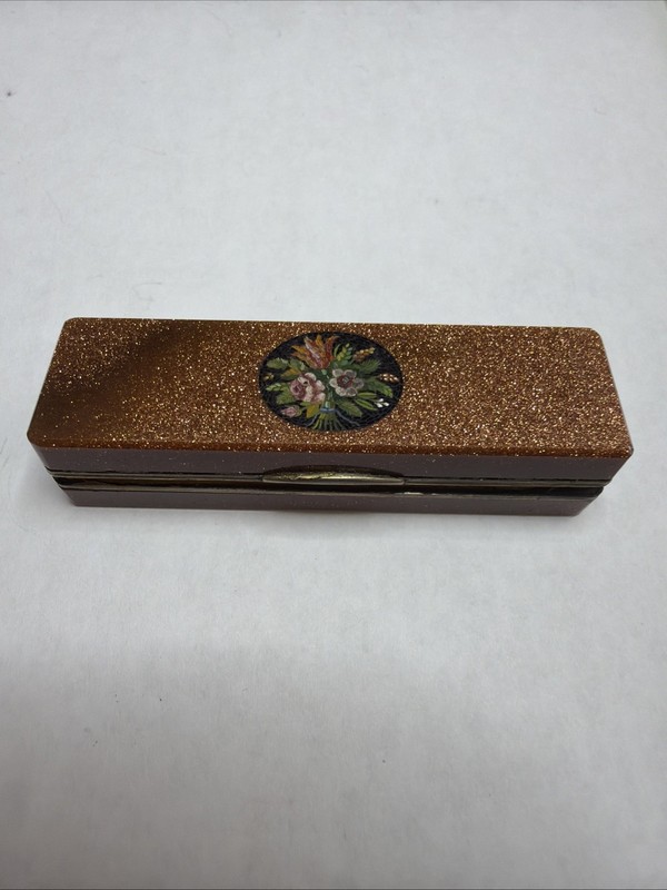 Vtg Italian Goldstone Glass Hand Painted Floral Case Pill Box L49