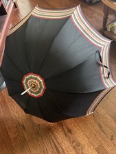 Vintage Black Classic Umbrella 1950s Red/Grn/Beige Striped L Hook Handle Tassel