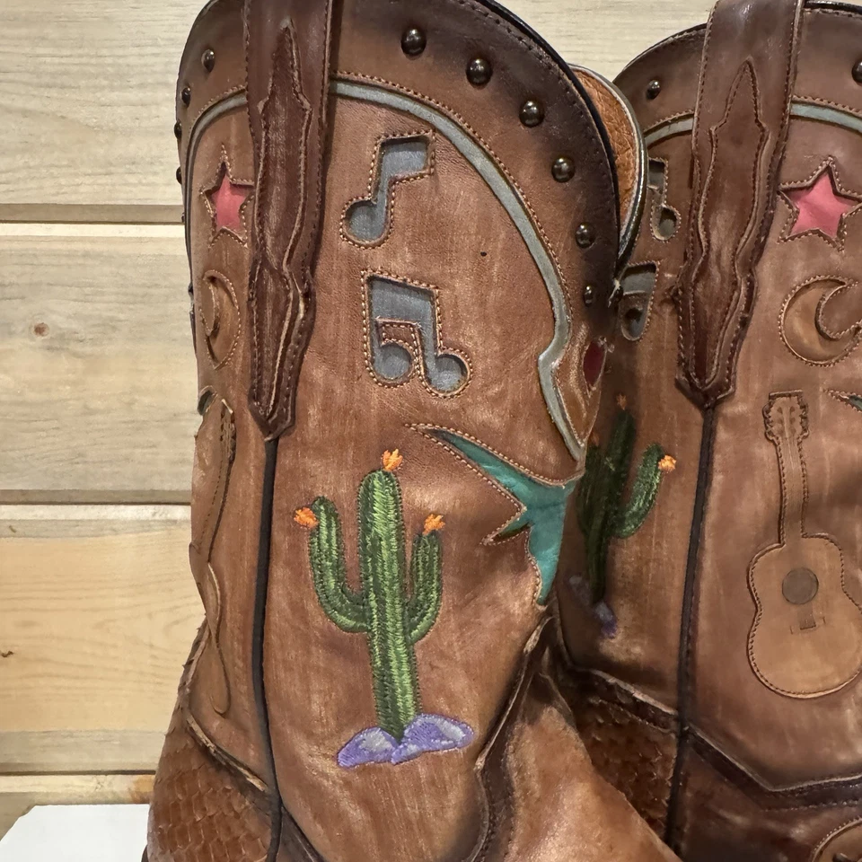 DAN POST Women’s Western Dream Boots Silk 9 Brown W Inlaid Designs Square Toe - Image 4 of 4