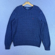 VTG 90s Polo Ralph Lauren Mens Silk Cable Knit Sweater Size L Navy Blue Crewneck